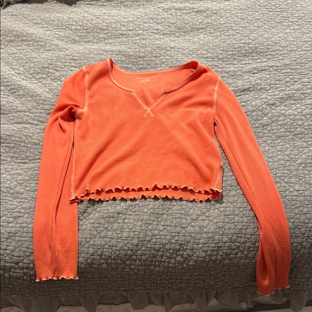 American Eagle Outfitters Orange Ribbed Ruffled Crop Blouse